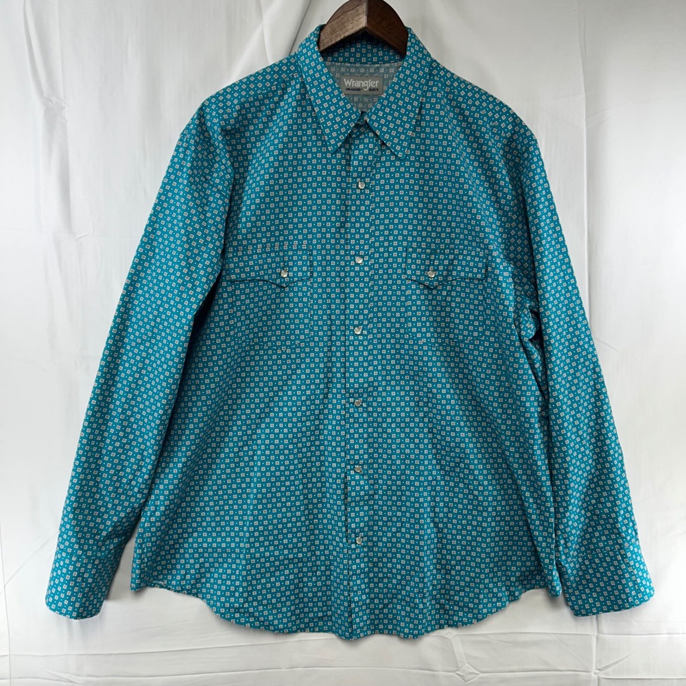 Wrangler Wrancher Shirt Mens XL Teal Geometric Long Sleeve Western Button Up